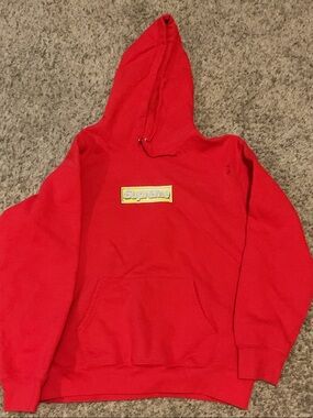 Supreme Red Hoodie with Yellow Logo Box Patch